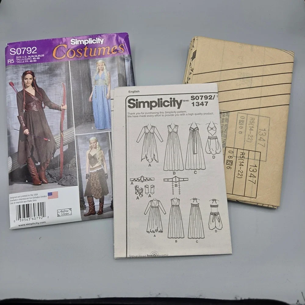 Simplicity S0792 Fantasy Costume Sewing Pattern R5 14-22 Elf Medieval Dress 1347